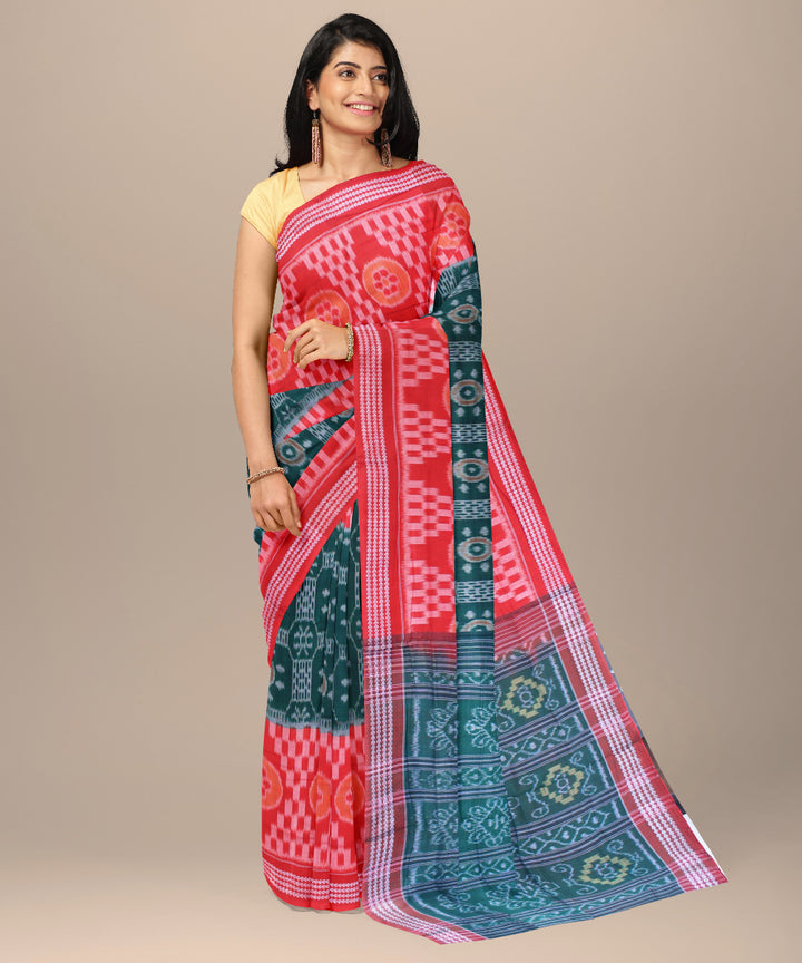 Red dark green cotton handwoven sambalpuri saree