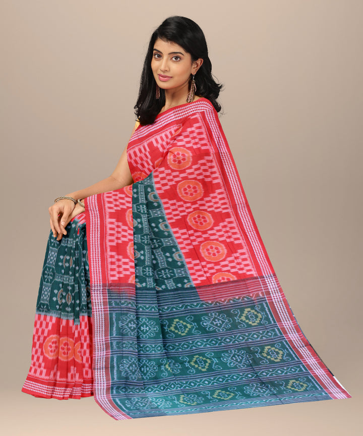 Red dark green cotton handwoven sambalpuri saree
