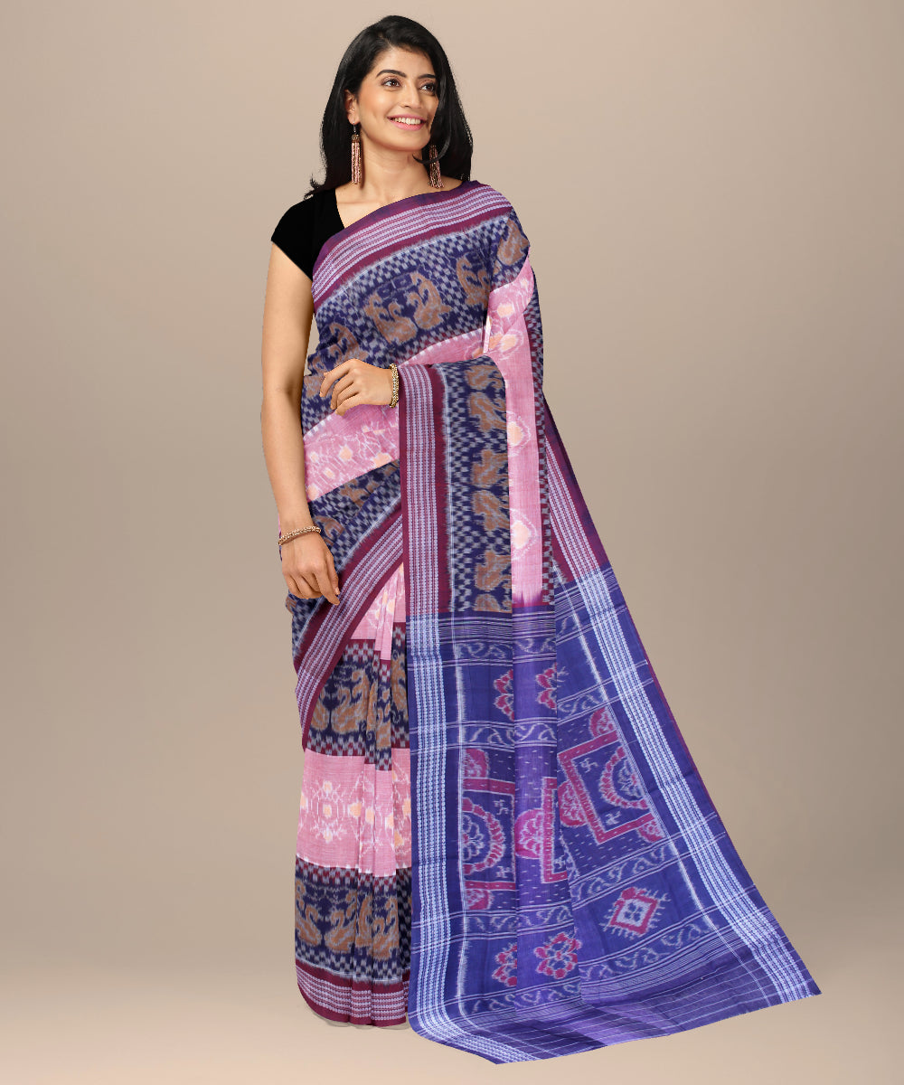 Navy blue pink cotton handwoven sambalpuri saree