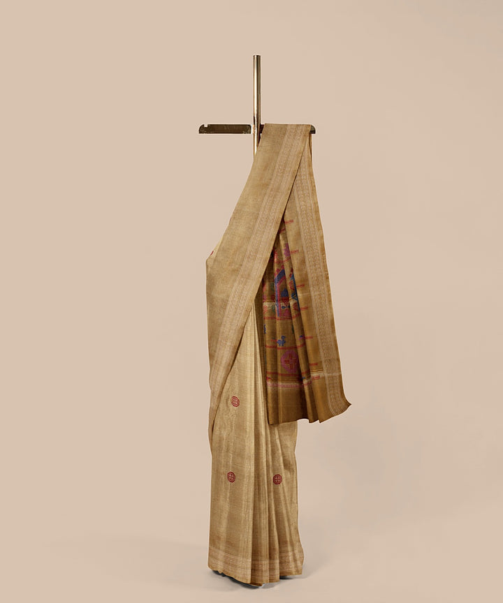 Beige red tussar silk handwoven chattisgarh saree