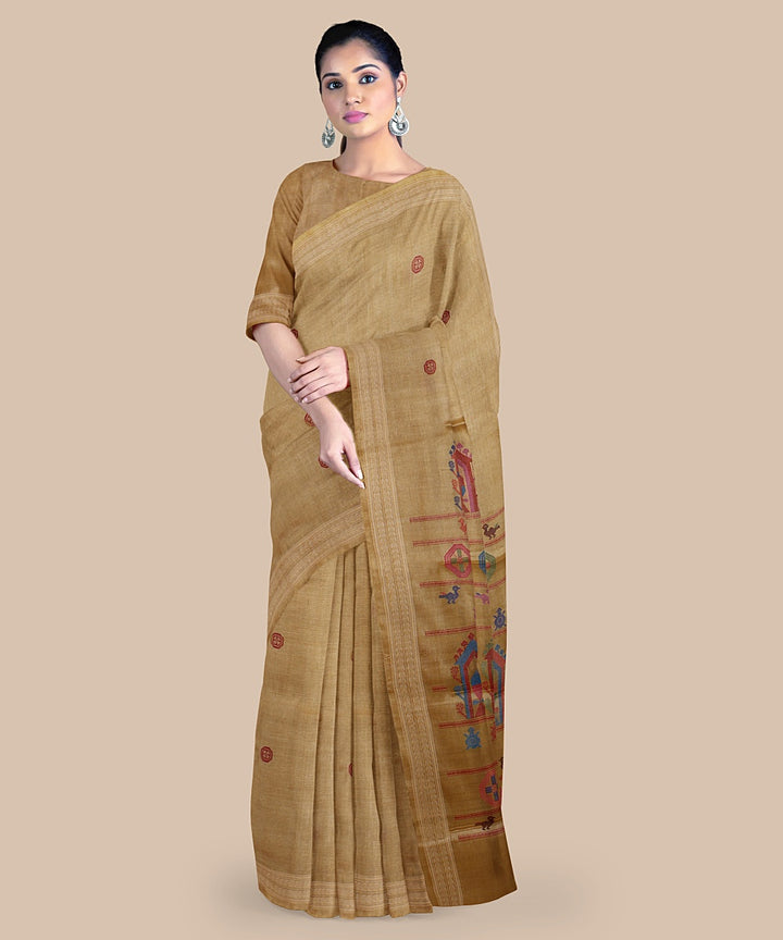 Beige red tussar silk handwoven chattisgarh saree