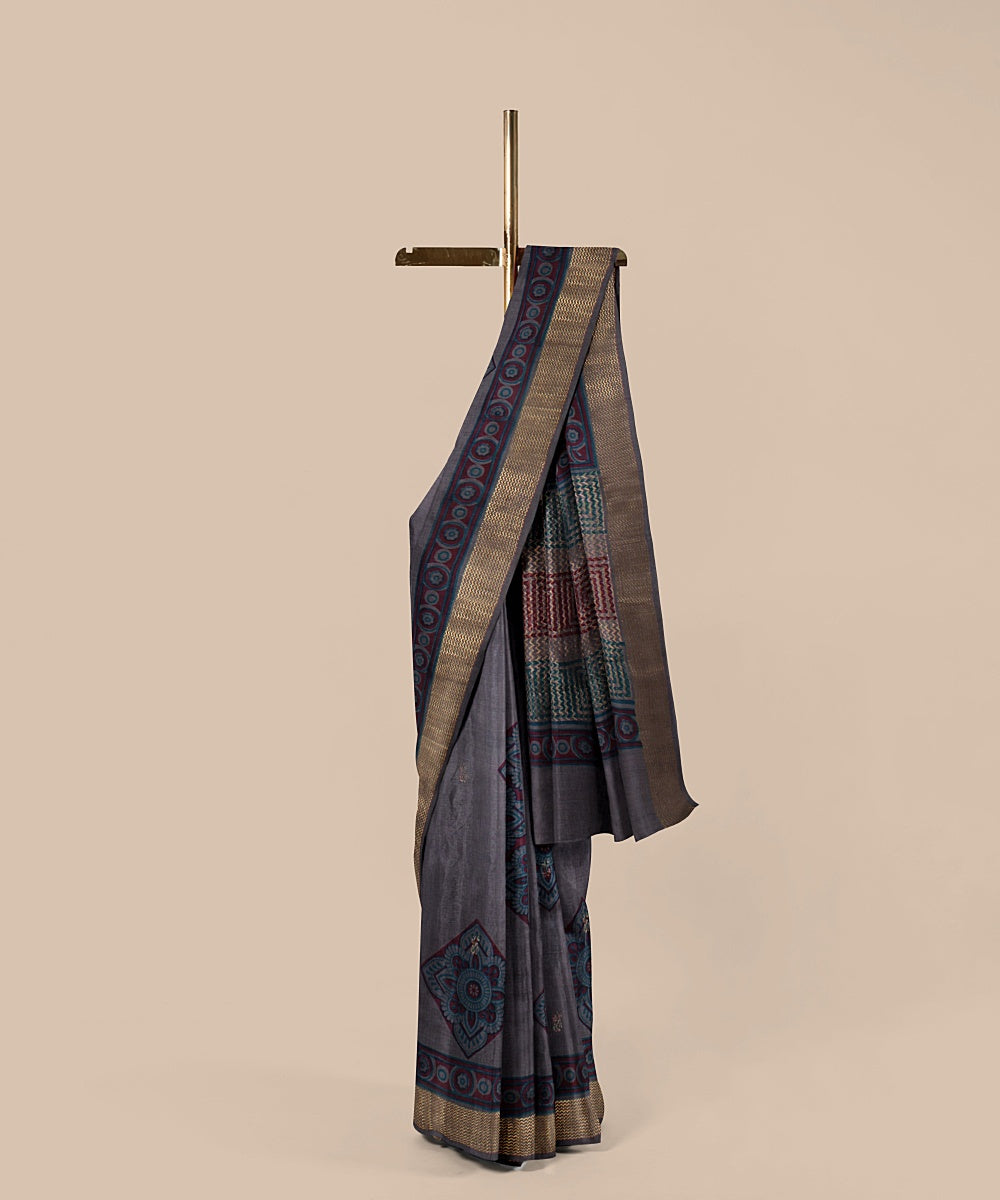 Grey pink tussar silk hand printed chattisgarh saree