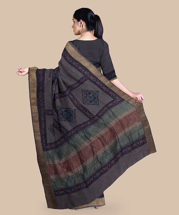Grey pink tussar silk hand printed chattisgarh saree