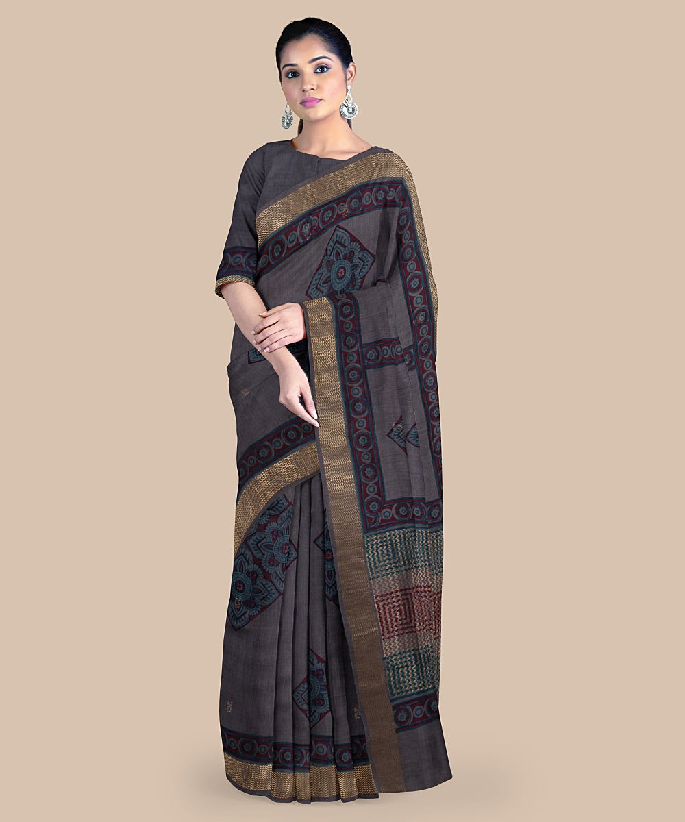 Grey pink tussar silk hand printed chattisgarh saree