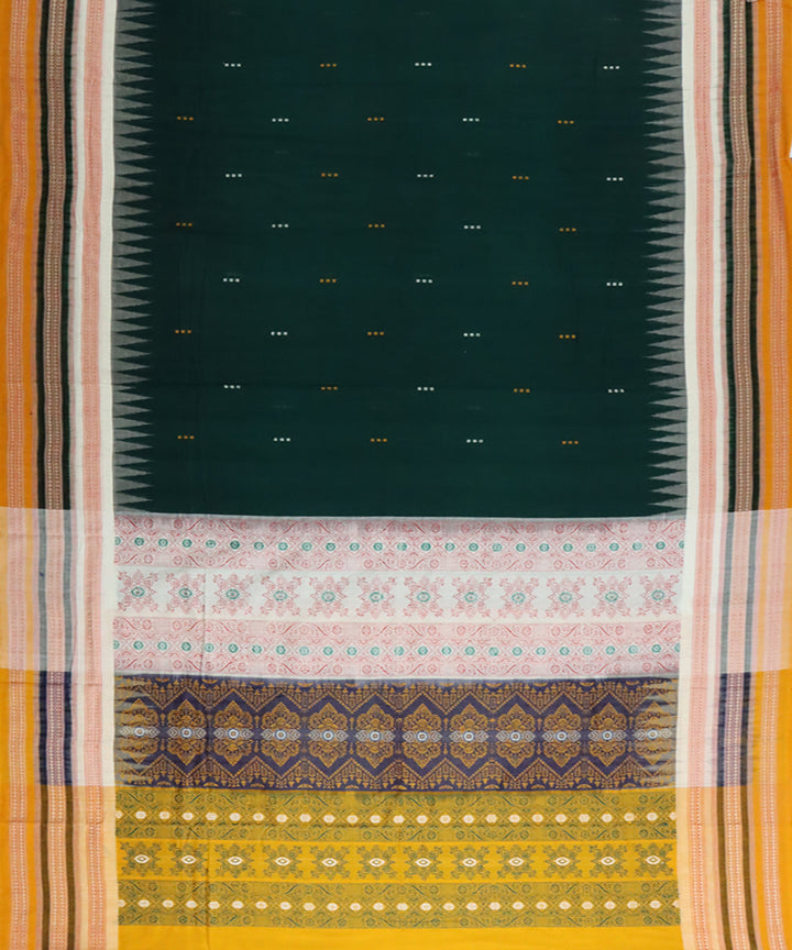 Dark green yellow cotton handwoven bomkai saree