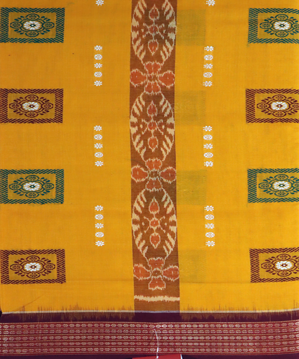 Yellow maroon handwoven bomkai cotton saree