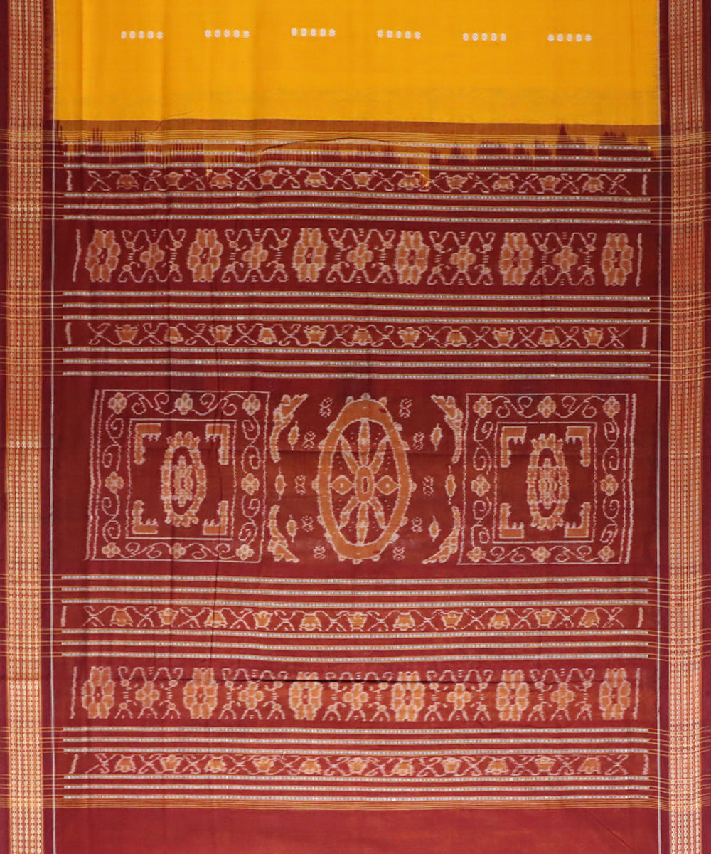 Yellow maroon handwoven bomkai cotton saree