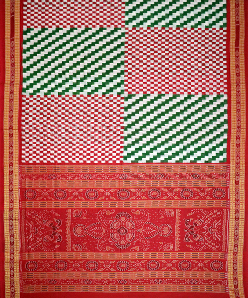 Light green red handwoven bomkai cotton saree