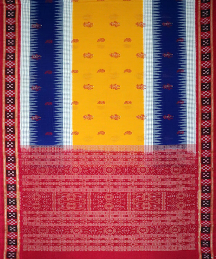 Yellow red, blue cotton handloom bomkai saree
