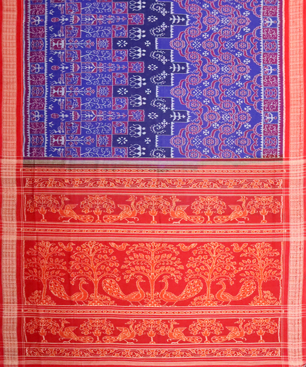 Navy blue red cotton handwoven sambalpuri saree
