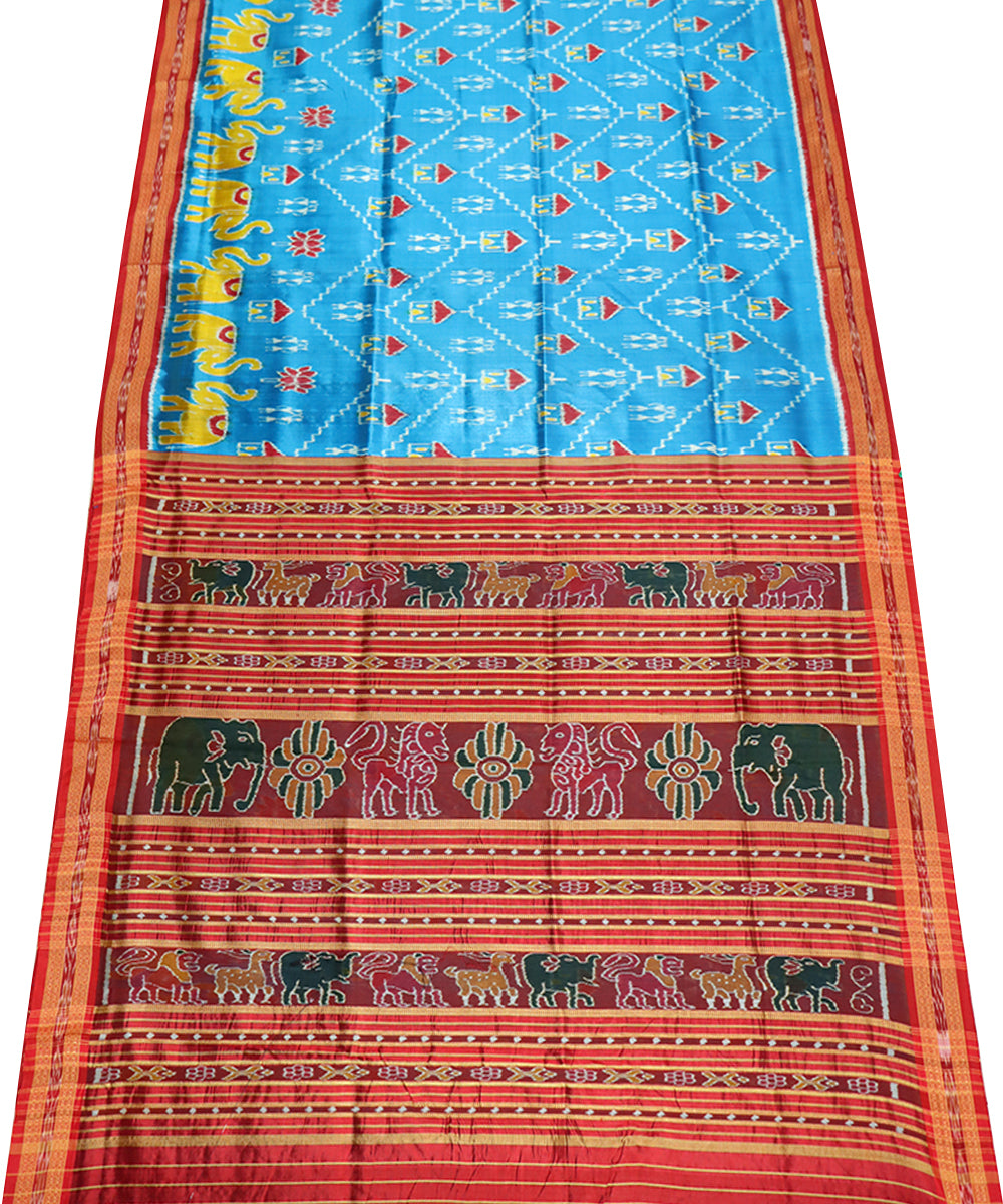 Dodger blue red silk handwoven khandua saree