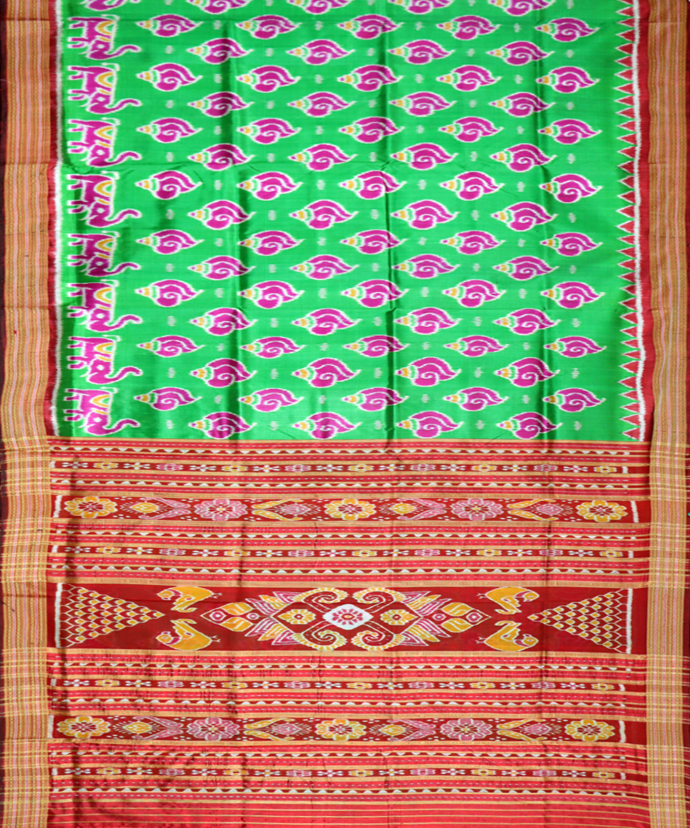 Lime green maroon silk handwoven khandua saree