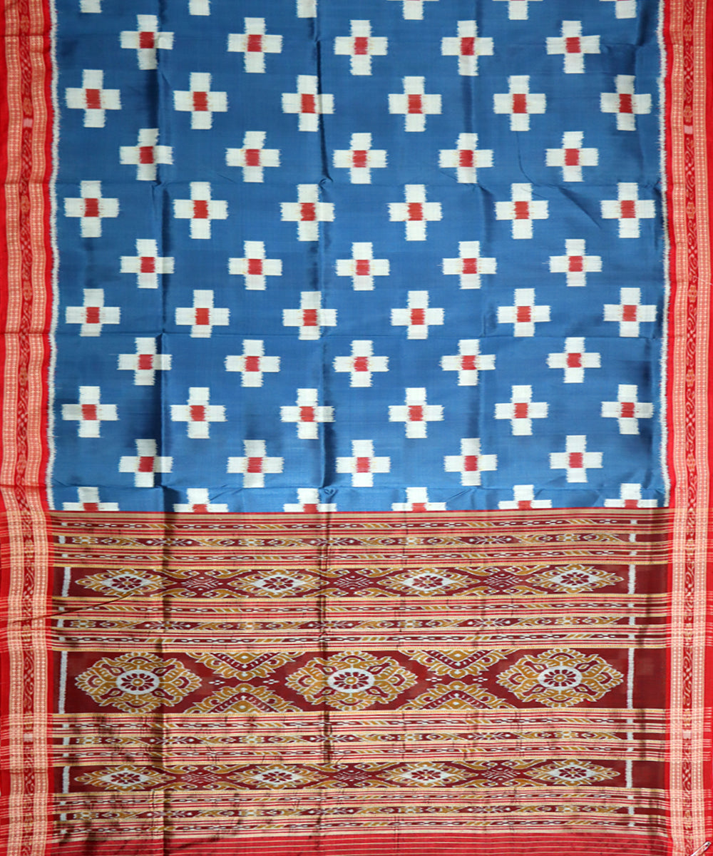 Denim blue red silk handwoven khandua saree