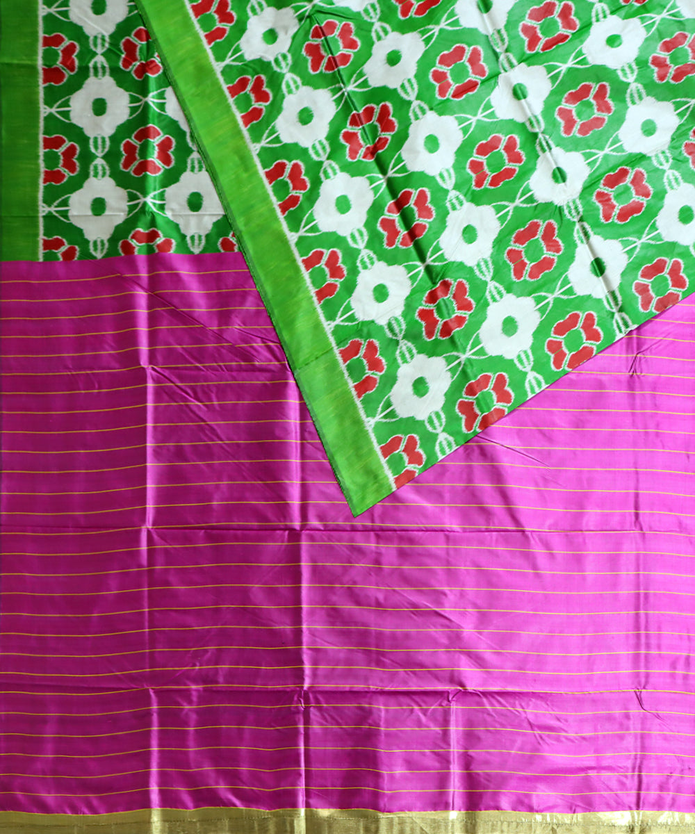Deep green pink silk handwoven khandua saree