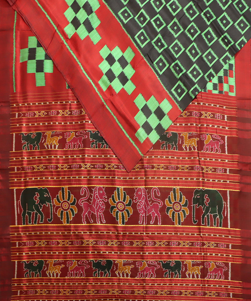 Black maroon, forest green silk handwoven khandua saree