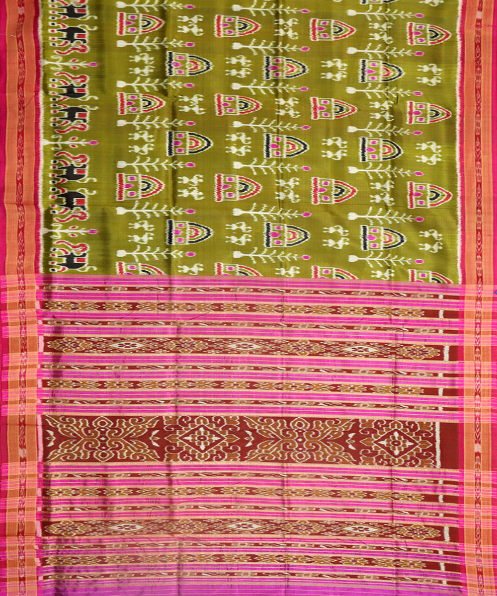 Olive green pink silk handwoven khandua saree
