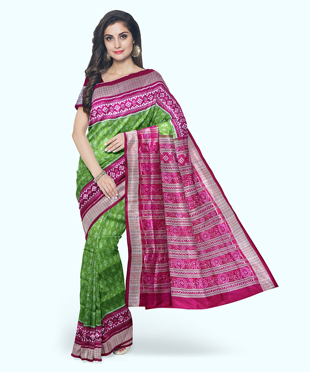 Citron green pink silk handwoven sambalpuri saree