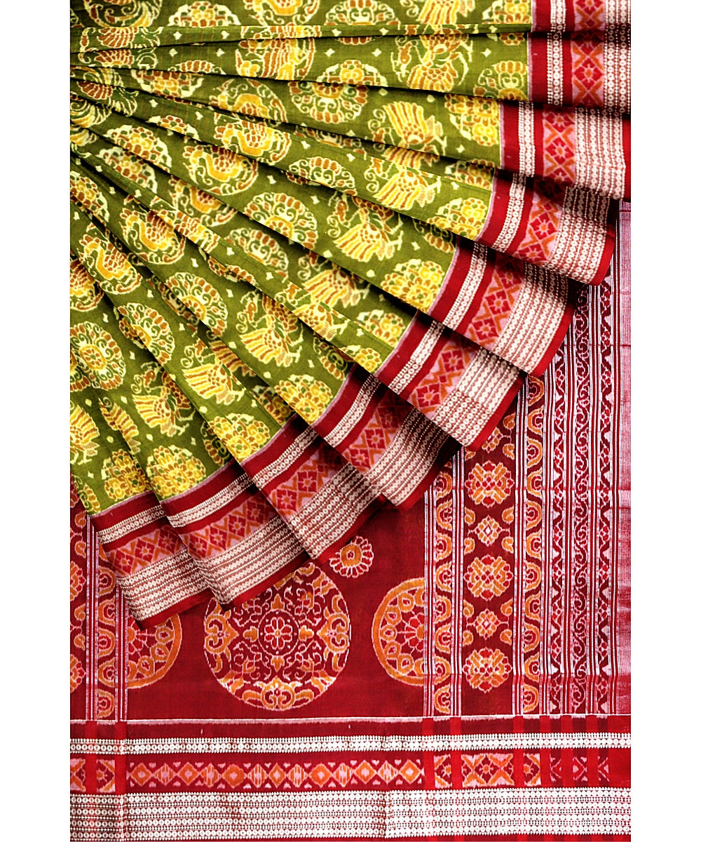 Yellow red cotton silk handwoven sambalpuri saree