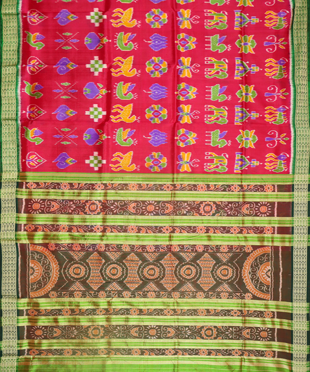 Pink green silk handwoven khandua saree