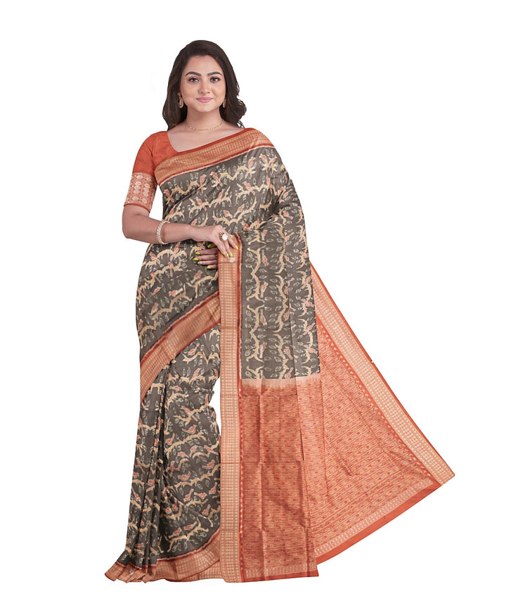 Grey orange peel silk handwoven sambalpuri saree