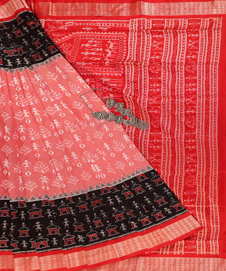 Coral pink red silk handwoven sambalpuri saree