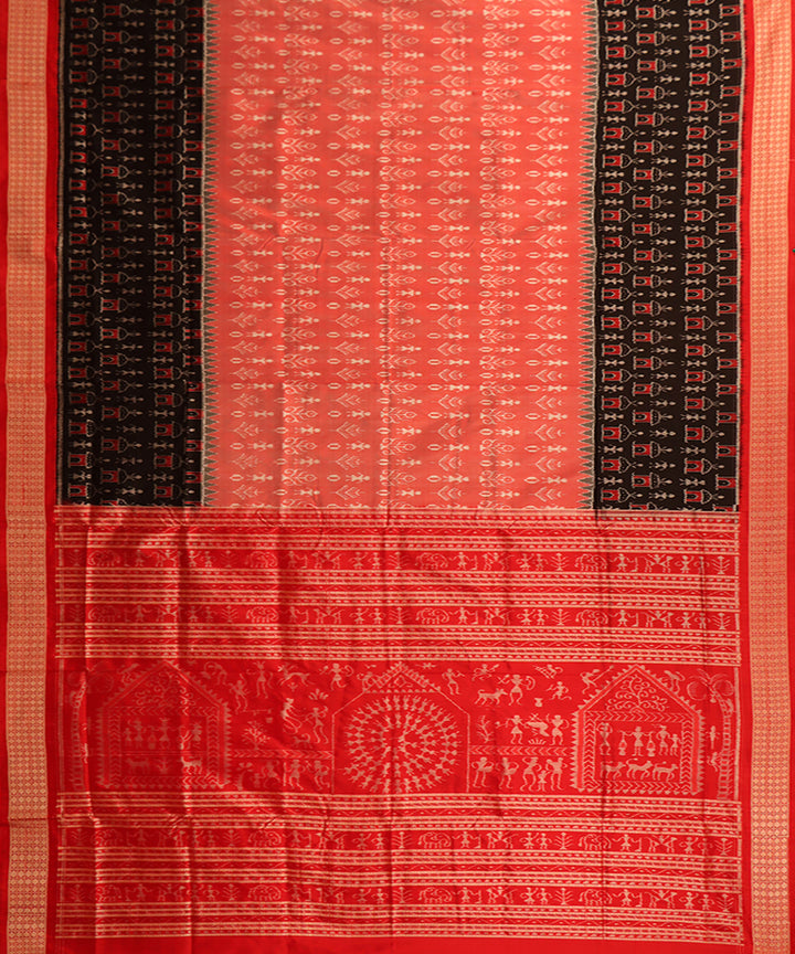 Coral pink red silk handwoven sambalpuri saree