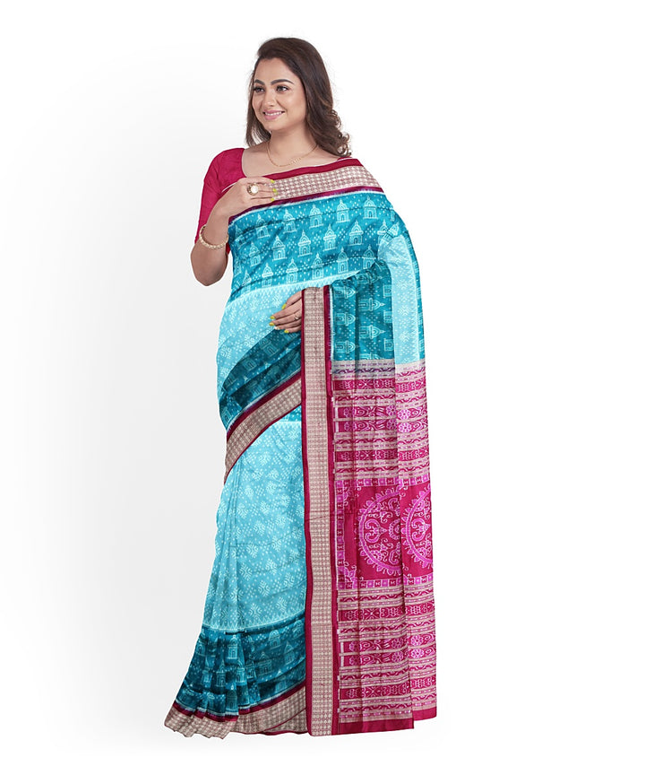 Cyan blue pink silk handwoven sambalpuri saree