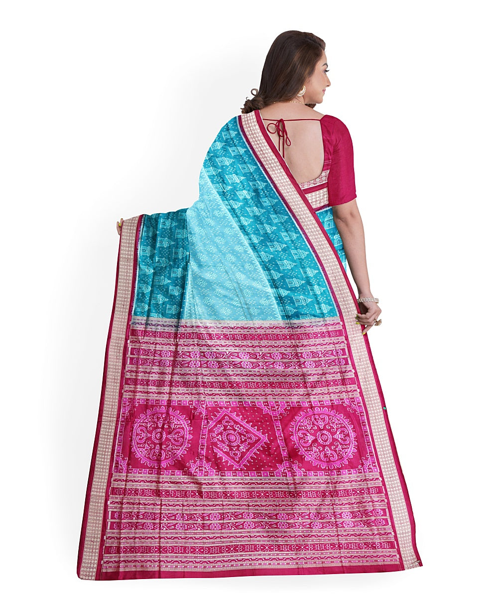 Cyan blue pink silk handwoven sambalpuri saree