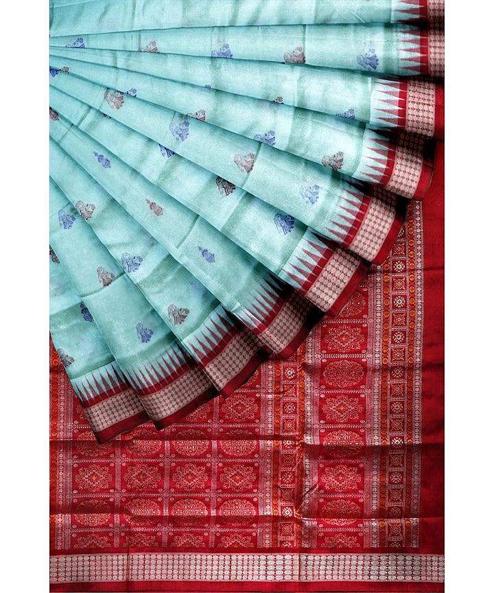 Sky blue red silk handwoven bomkai saree