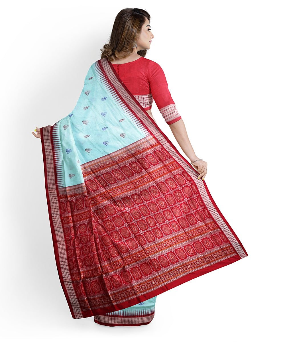 Sky blue red silk handwoven bomkai saree