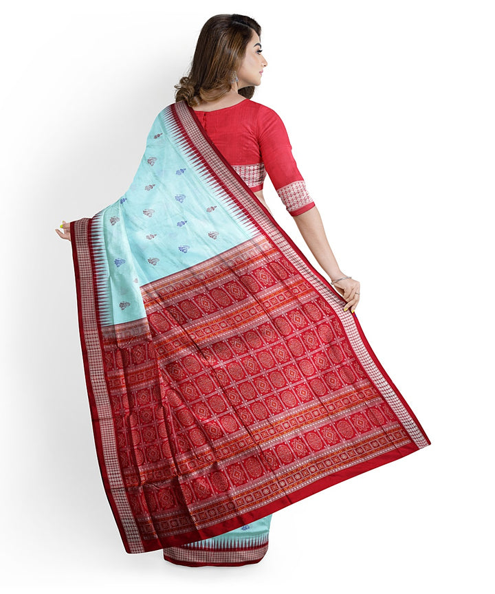 Sky blue red silk handwoven bomkai saree