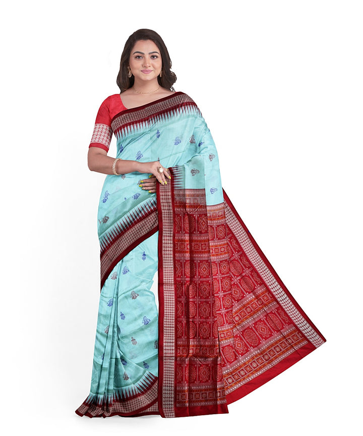 Sky blue red silk handwoven bomkai saree