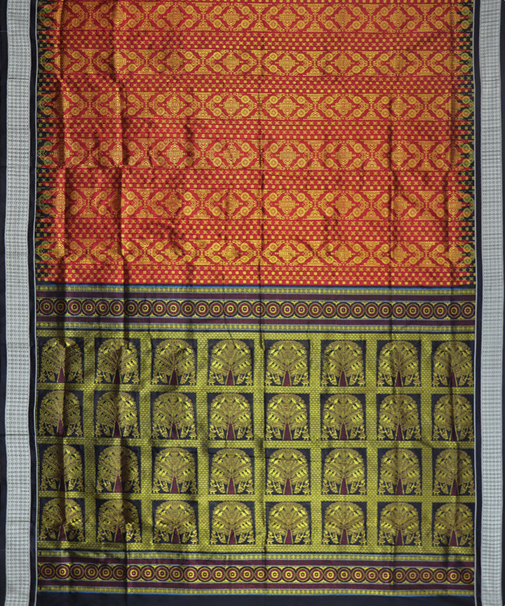 Firebrick red black silk handwoven bomkai saree