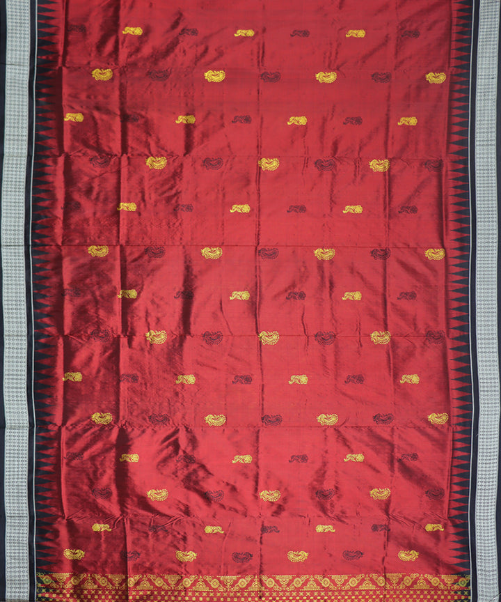 Firebrick red black silk handwoven bomkai saree