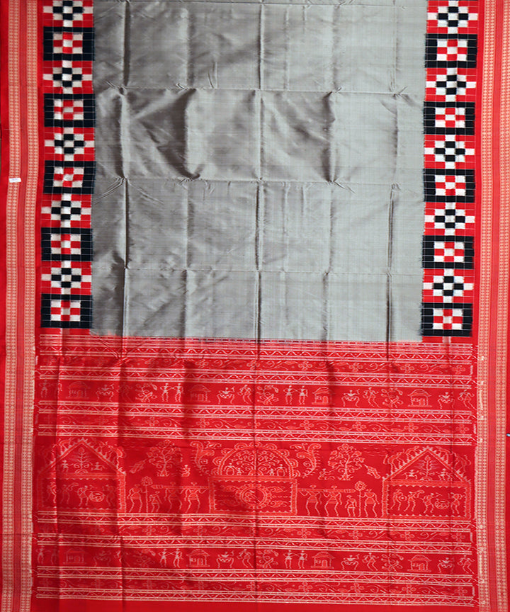 Grey red silk handwoven sambalpuri saree