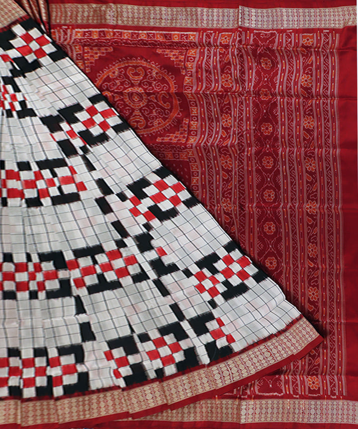 White black double ikat silk handwoven sambalpuri saree