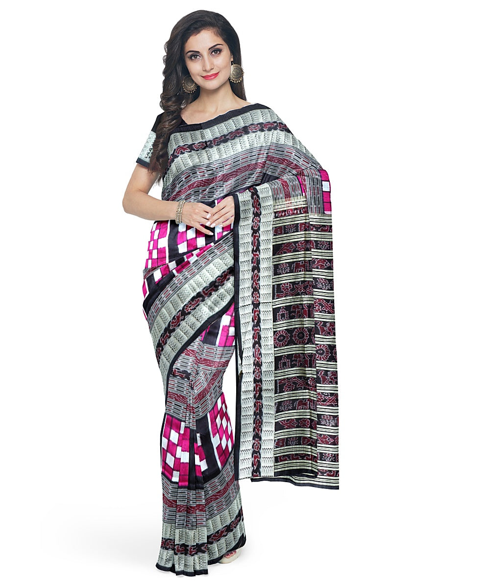 Crimson glory pink black silk handwoven sambalpuri saree