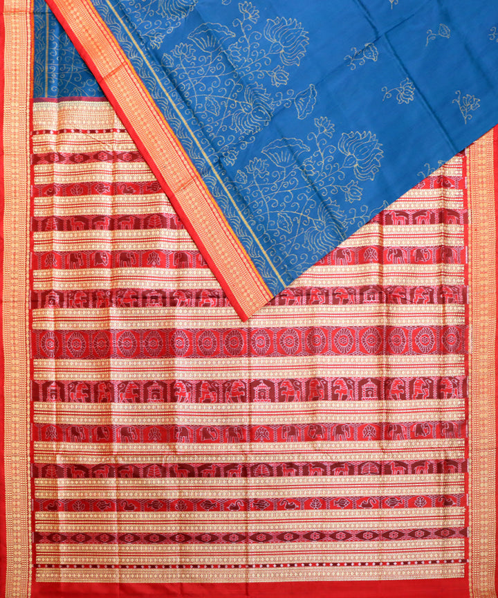 Cerulean blue red silk handwoven sambalpuri saree