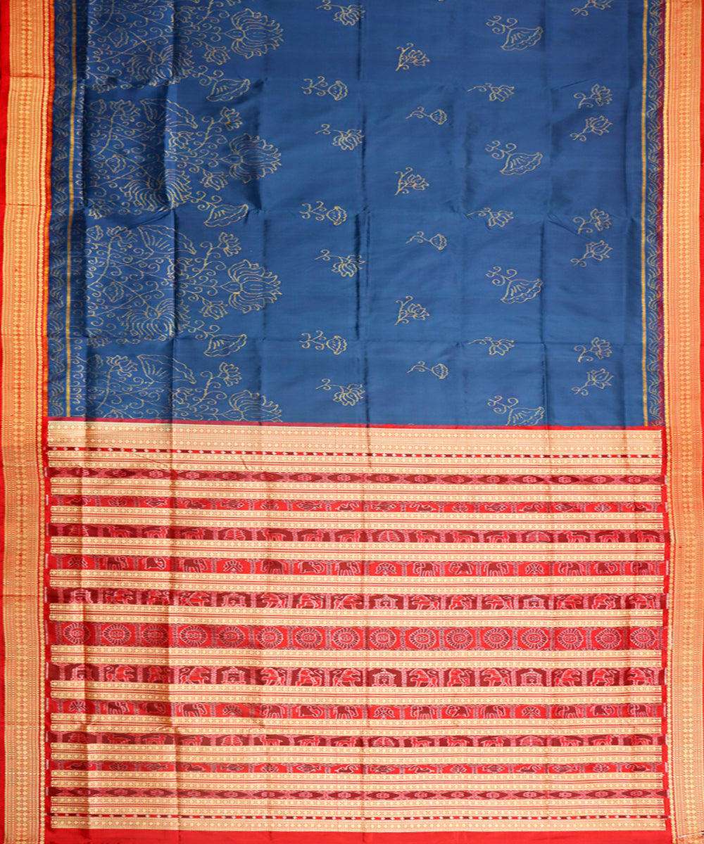 Cerulean blue red silk handwoven sambalpuri saree