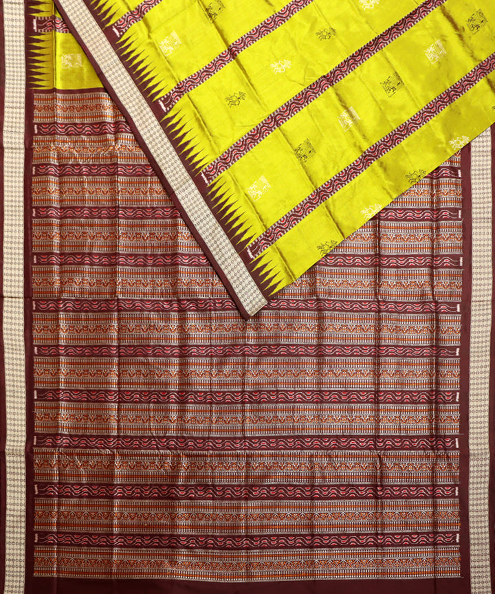 Lime green dark scarlet silk handwoven bomkai saree