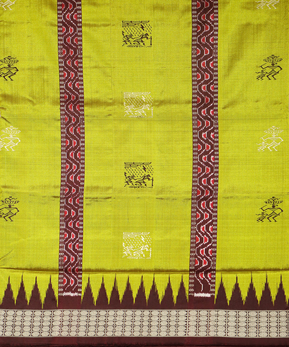 Lime green dark scarlet silk handwoven bomkai saree