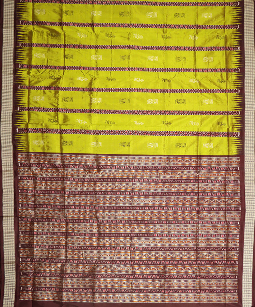 Lime green dark scarlet silk handwoven bomkai saree