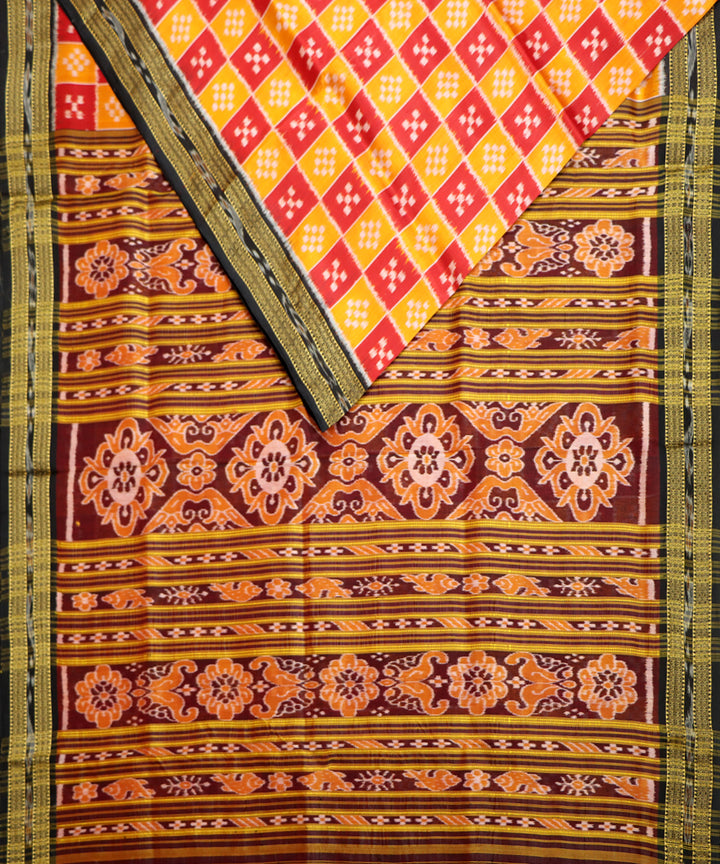 Yellow red black silk handwoven khandua saree