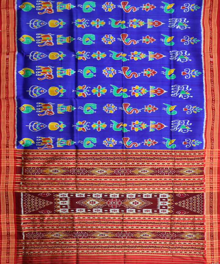 Navy blue red silk handwoven khandua saree