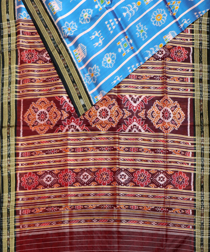 Sky blue black silk handwoven khandua saree