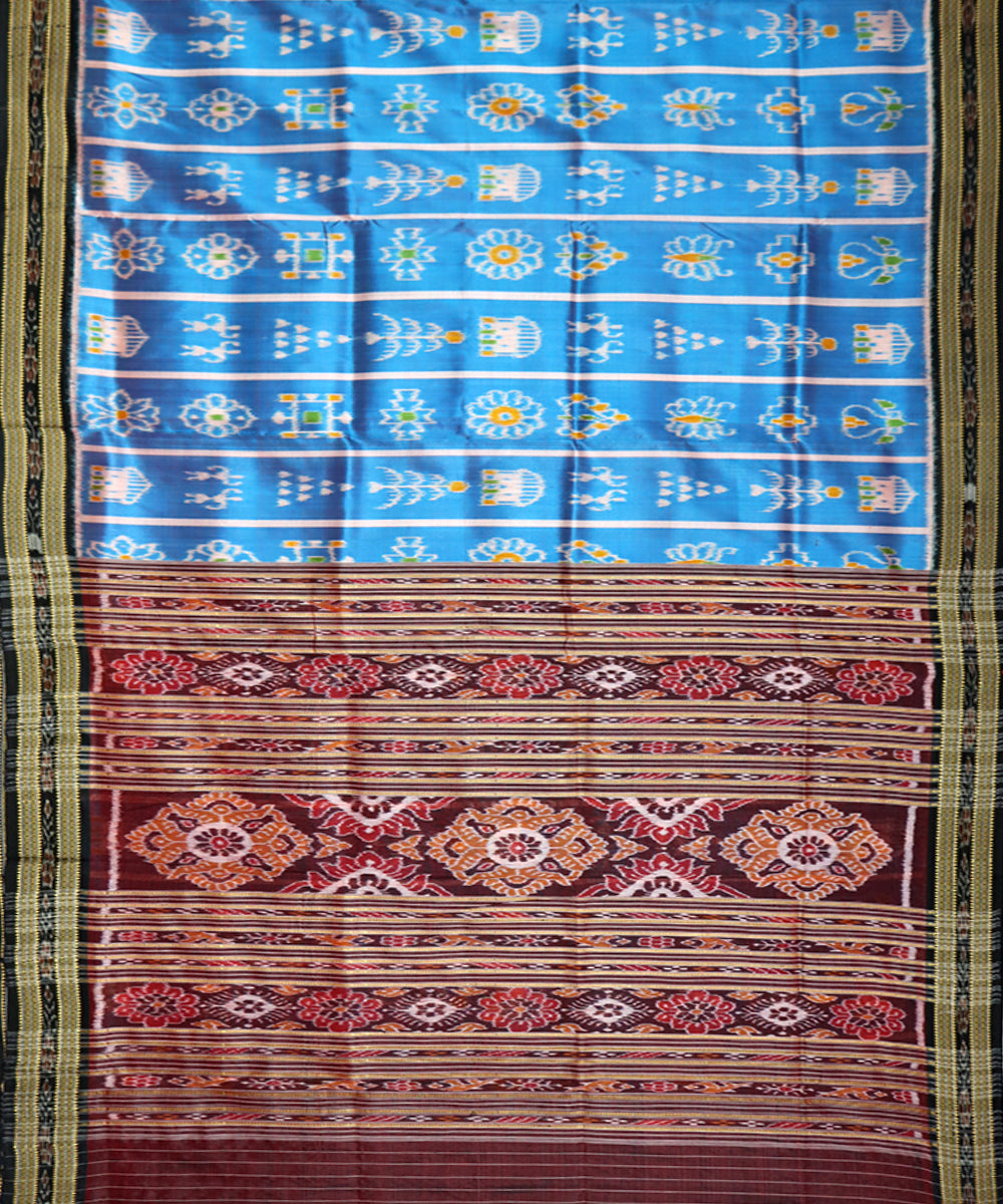 Sky blue black silk handwoven khandua saree