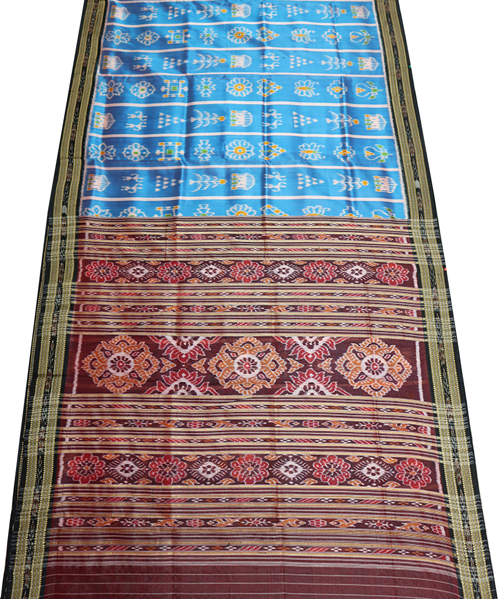 Sky blue black silk handwoven khandua saree