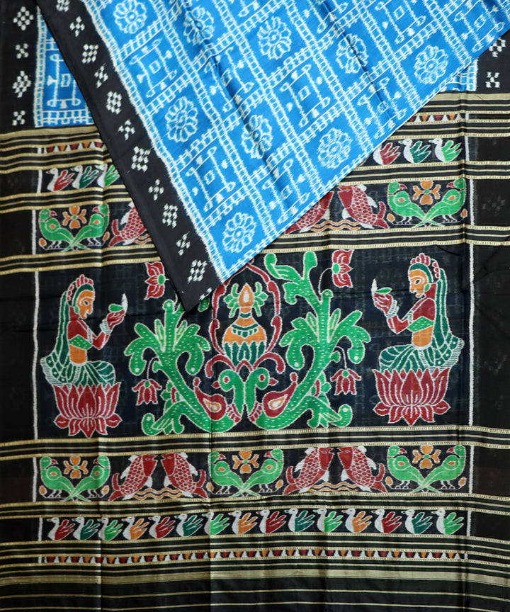 Cyan blue black silk handwoven khandua saree