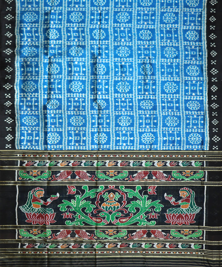 Cyan blue black silk handwoven khandua saree