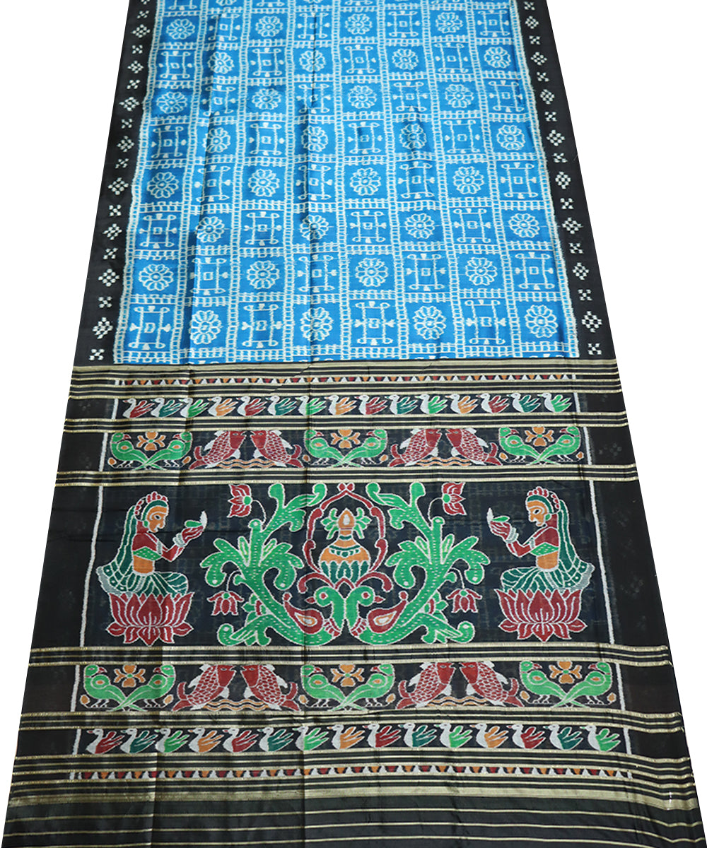 Cyan blue black silk handwoven khandua saree